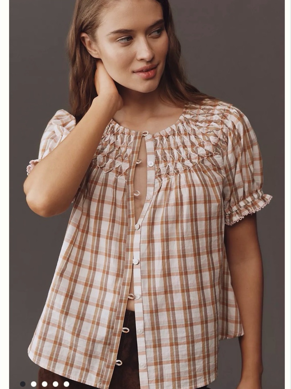 NWT Anthropologie Plaid Smocked Button-Front Top